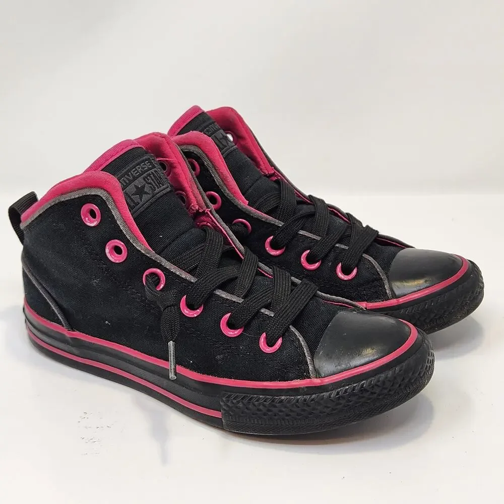 Converse All Star Girls Junior Black Hot Pink Mid Top Sneakers Size 2 Lace Up